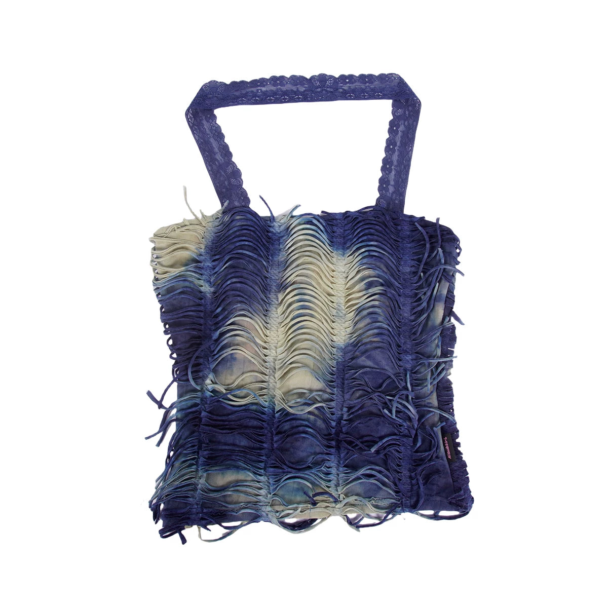 Indigo Grey Tie-Dye Distressed Fringe Lace Halter Corset Top