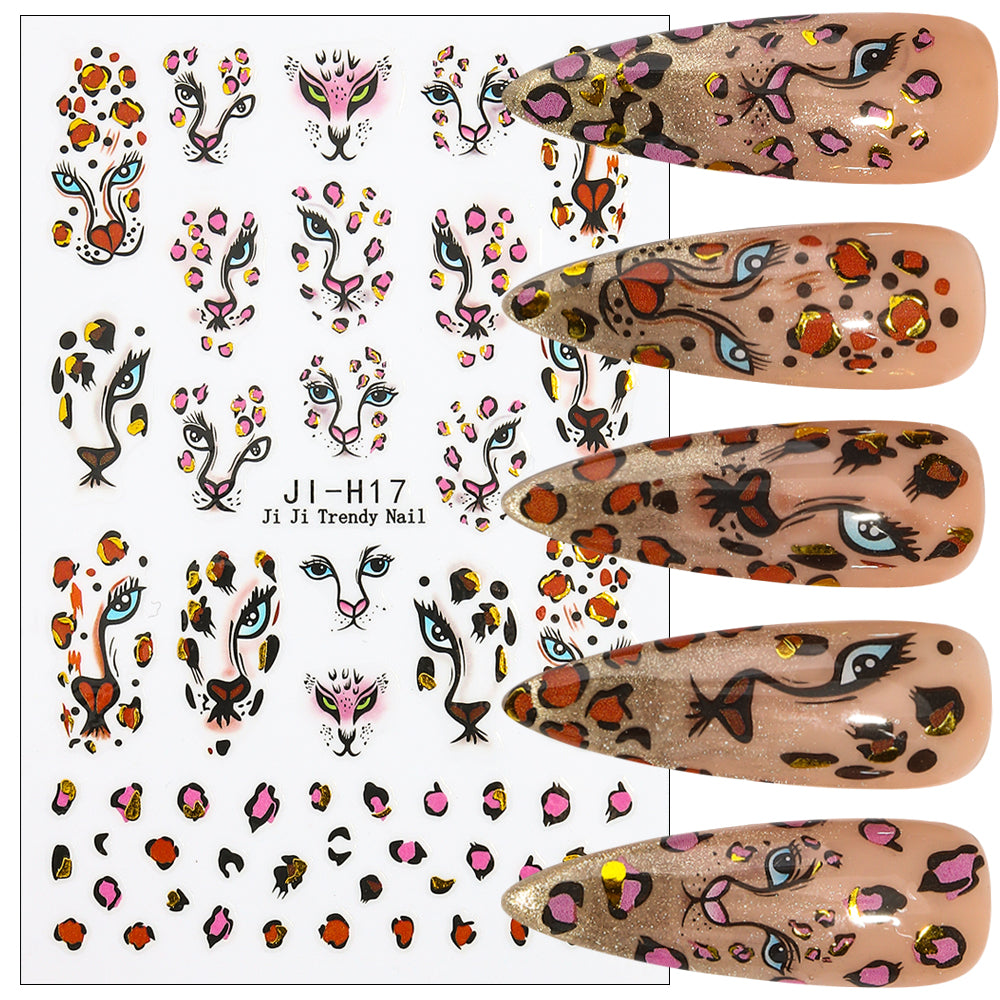 Leopard Print 5D Nail Stickers Cheetah Animal Head Nail Decals Cool Trendy Nail Art
