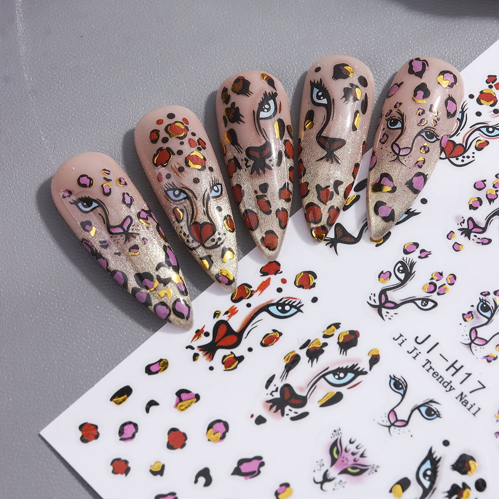 Leopard Print 5D Nail Stickers Cheetah Animal Head Nail Decals Cool Trendy Nail Art