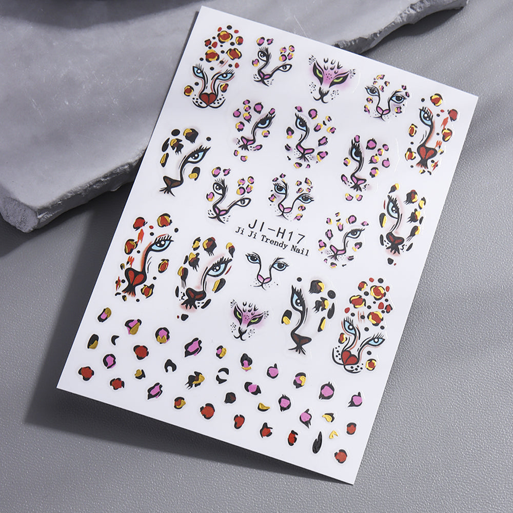 Leopard Print 5D Nail Stickers Cheetah Animal Head Nail Decals Cool Trendy Nail Art