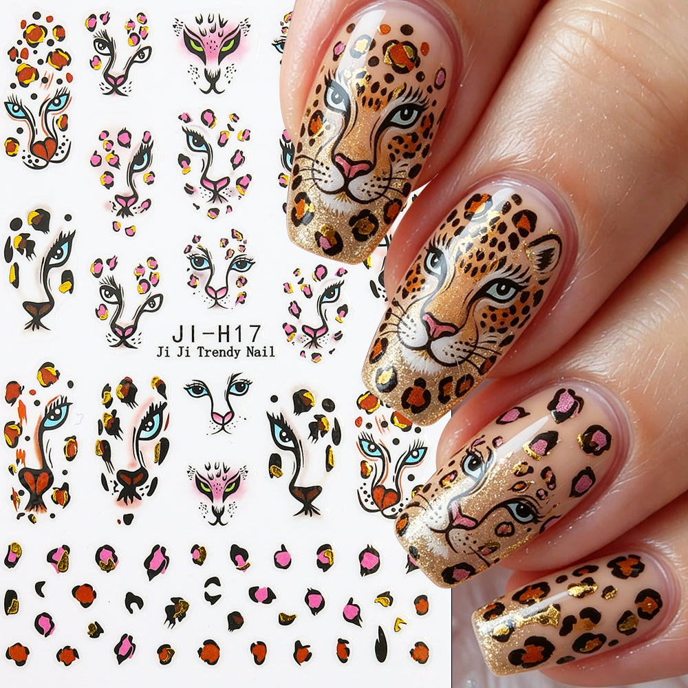 Leopard Print 5D Nail Stickers Cheetah Animal Head Nail Decals Cool Trendy Nail Art