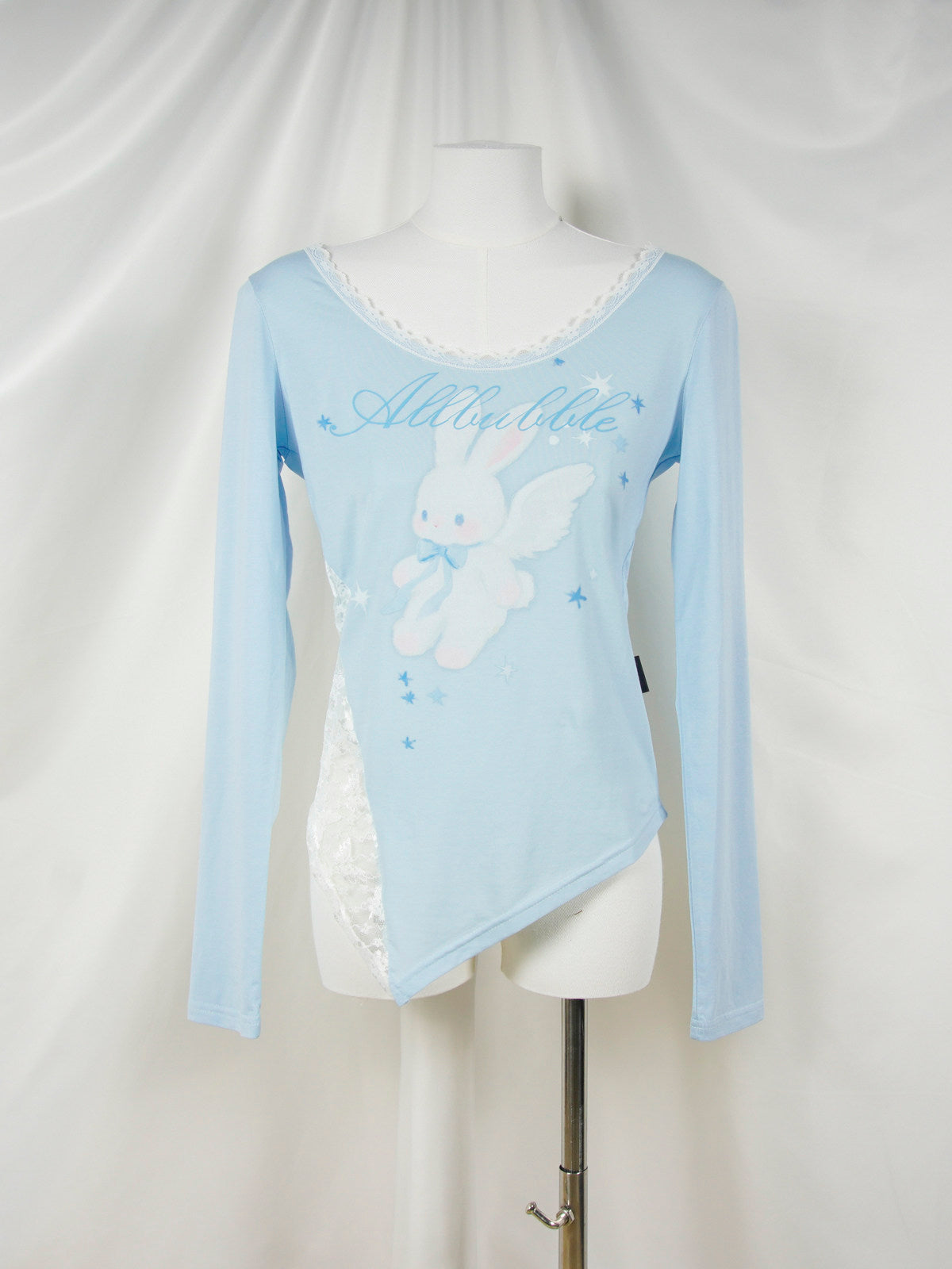 Light Blue Angel Bunny Print Modal Lace-Trim Fitted Long Sleeve Top