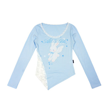 Light Blue Angel Bunny Print Modal Lace-Trim Fitted Long Sleeve Top