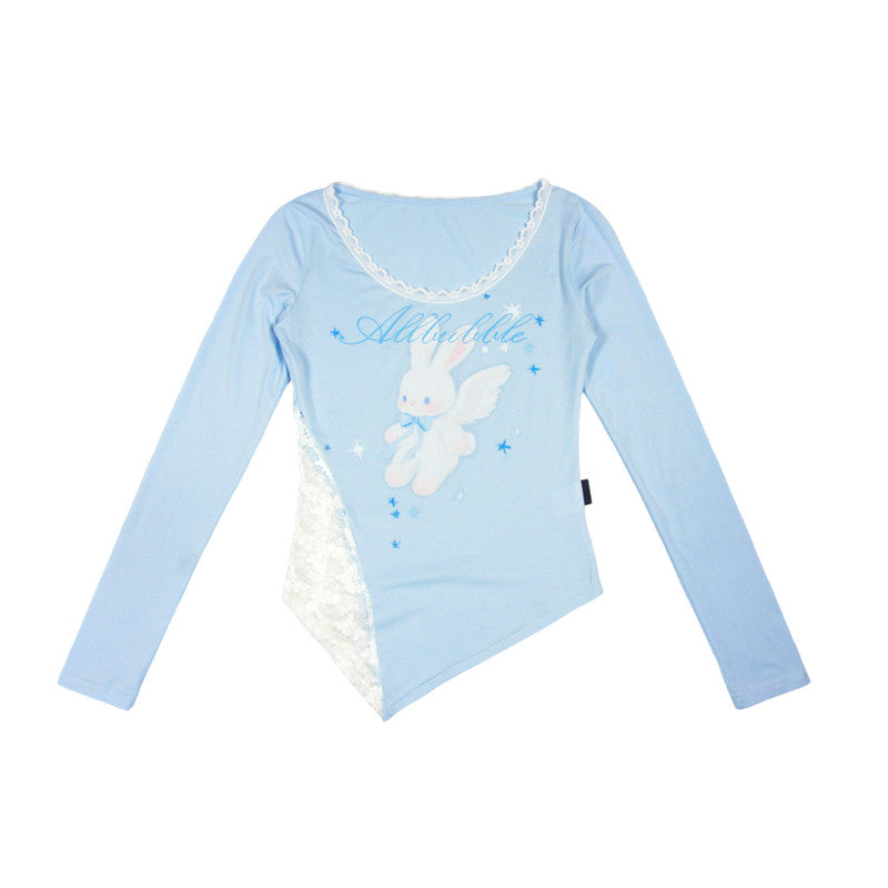 Light Blue Angel Bunny Print Modal Lace-Trim Fitted Long Sleeve Top