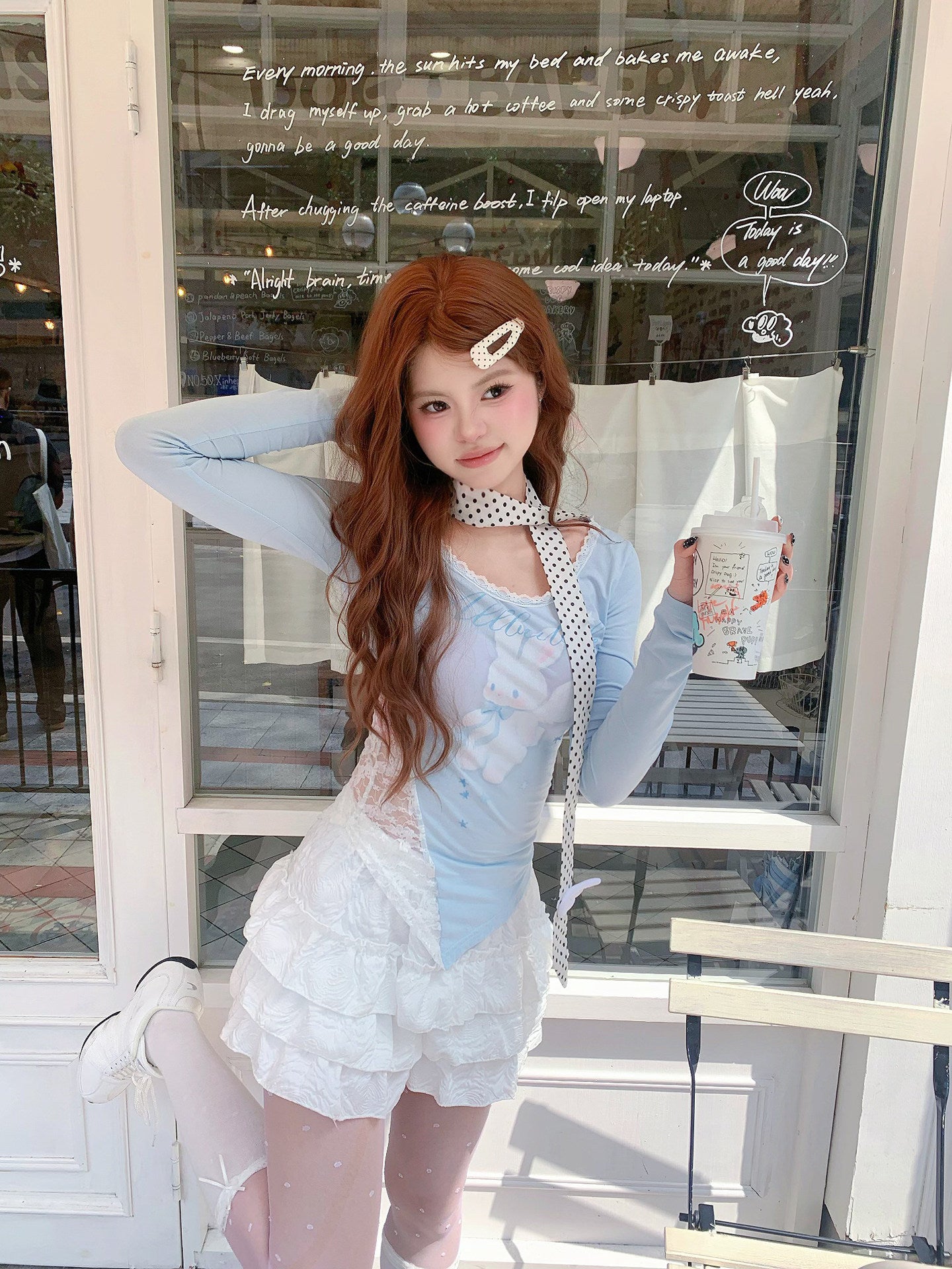 Light Blue Angel Bunny Print Modal Lace-Trim Fitted Long Sleeve Top