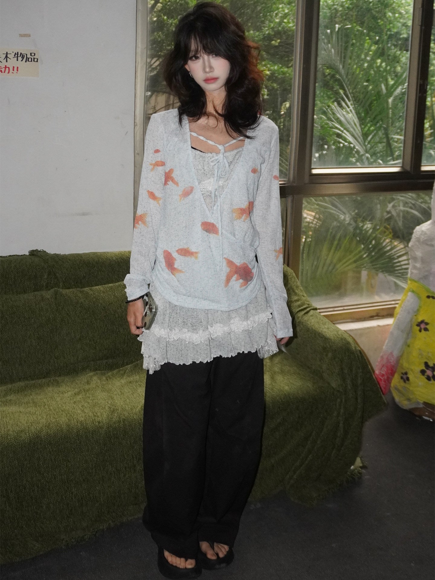 Light Blue Goldfish Print Linen-Texture Ruched Wrap Long Sleeve Top