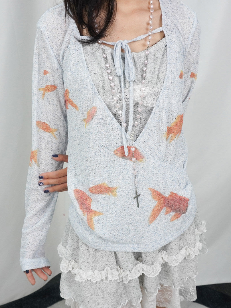 Light Blue Goldfish Print Linen-Texture Ruched Wrap Long Sleeve Top