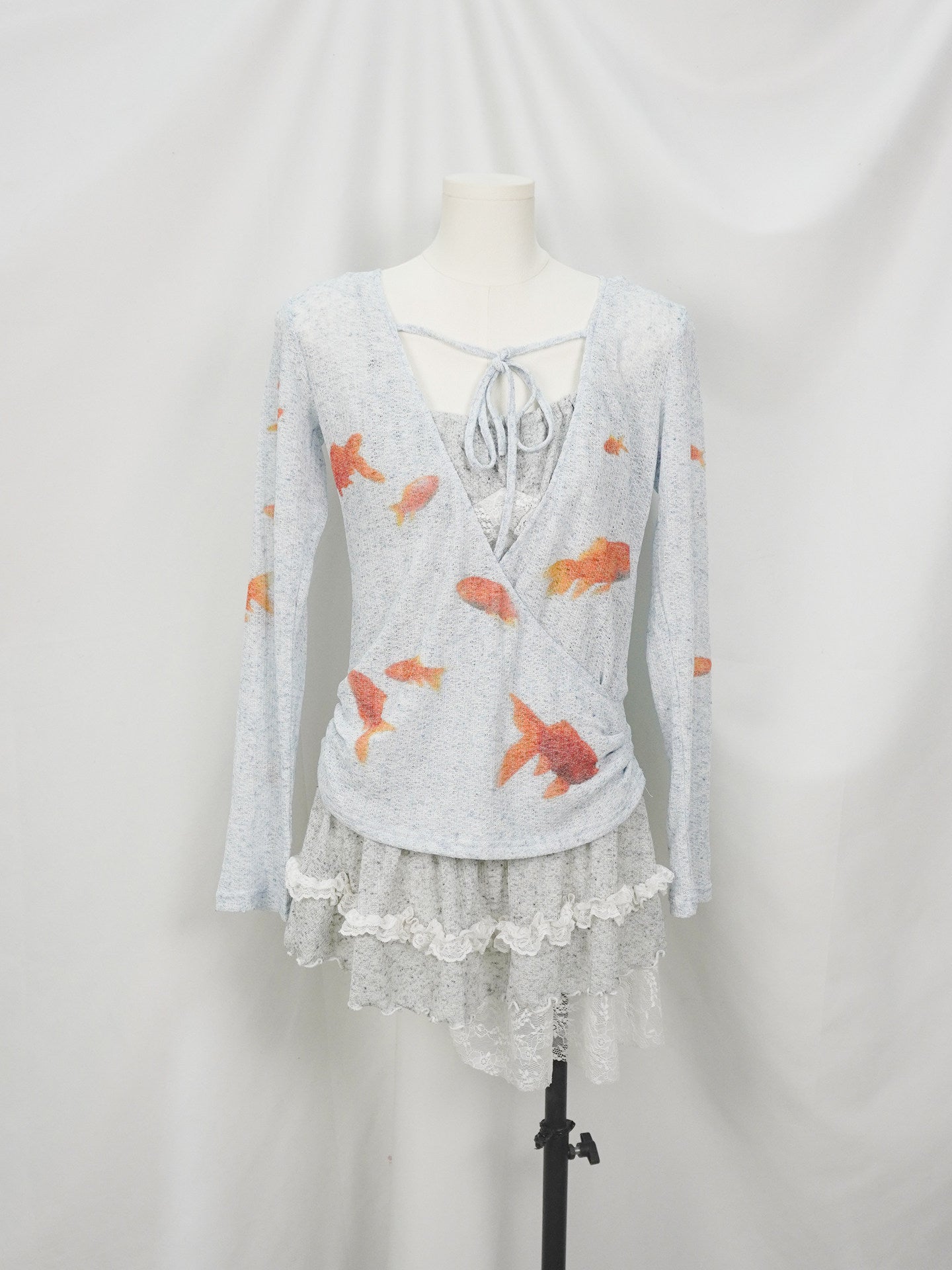 Light Blue Goldfish Print Linen-Texture Ruched Wrap Long Sleeve Top