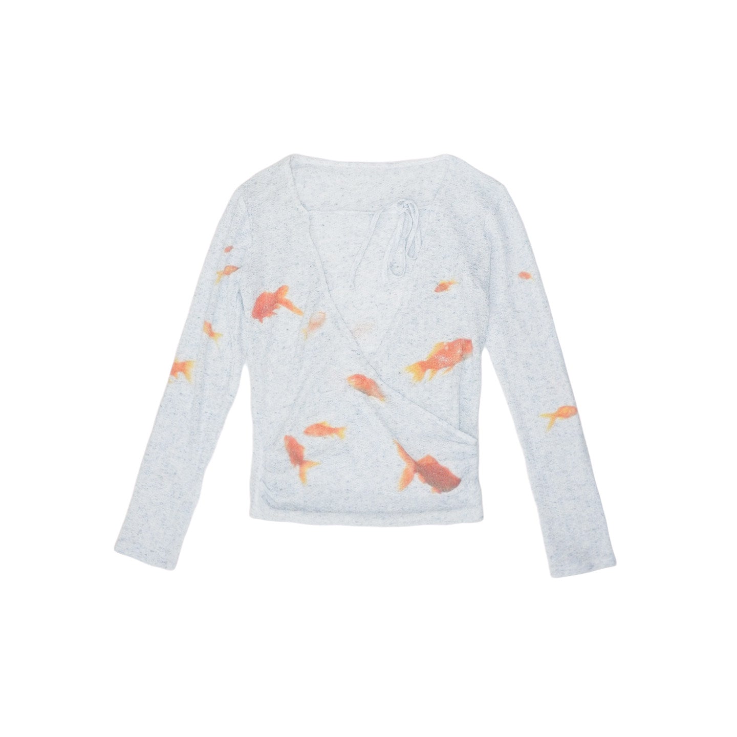 Light Blue Goldfish Print Linen-Texture Ruched Wrap Long Sleeve Top
