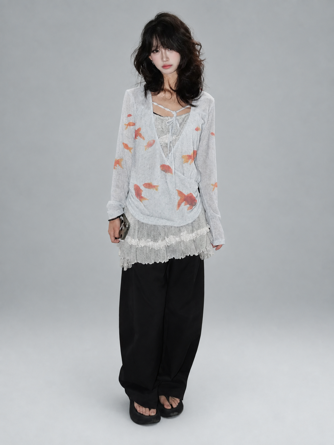 Light Blue Goldfish Print Linen-Texture Ruched Wrap Long Sleeve Top
