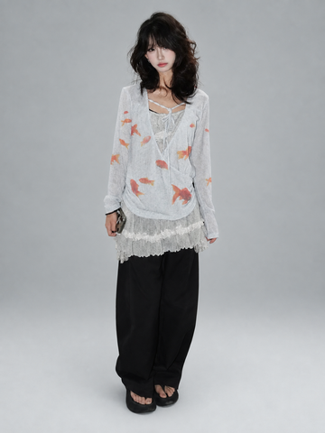 Light Blue Goldfish Print Linen-Texture Ruched Wrap Long Sleeve Top