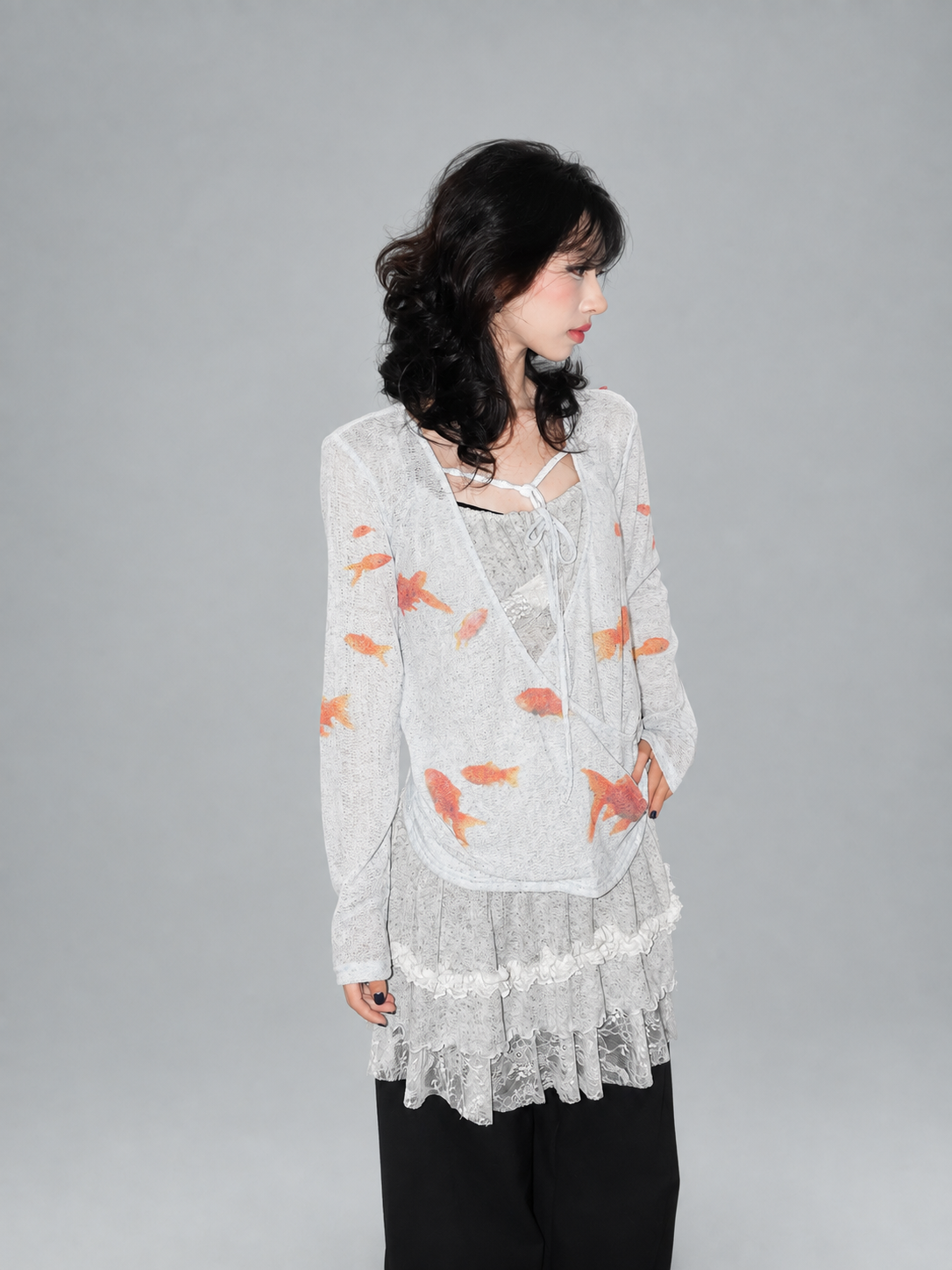 Light Blue Goldfish Print Linen-Texture Ruched Wrap Long Sleeve Top