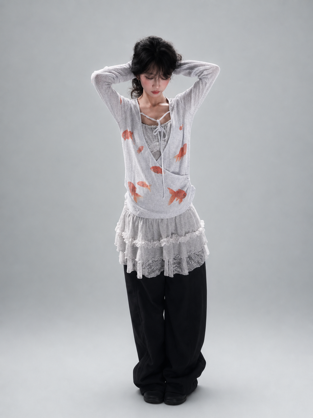 Light Blue Goldfish Print Linen-Texture Ruched Wrap Long Sleeve Top