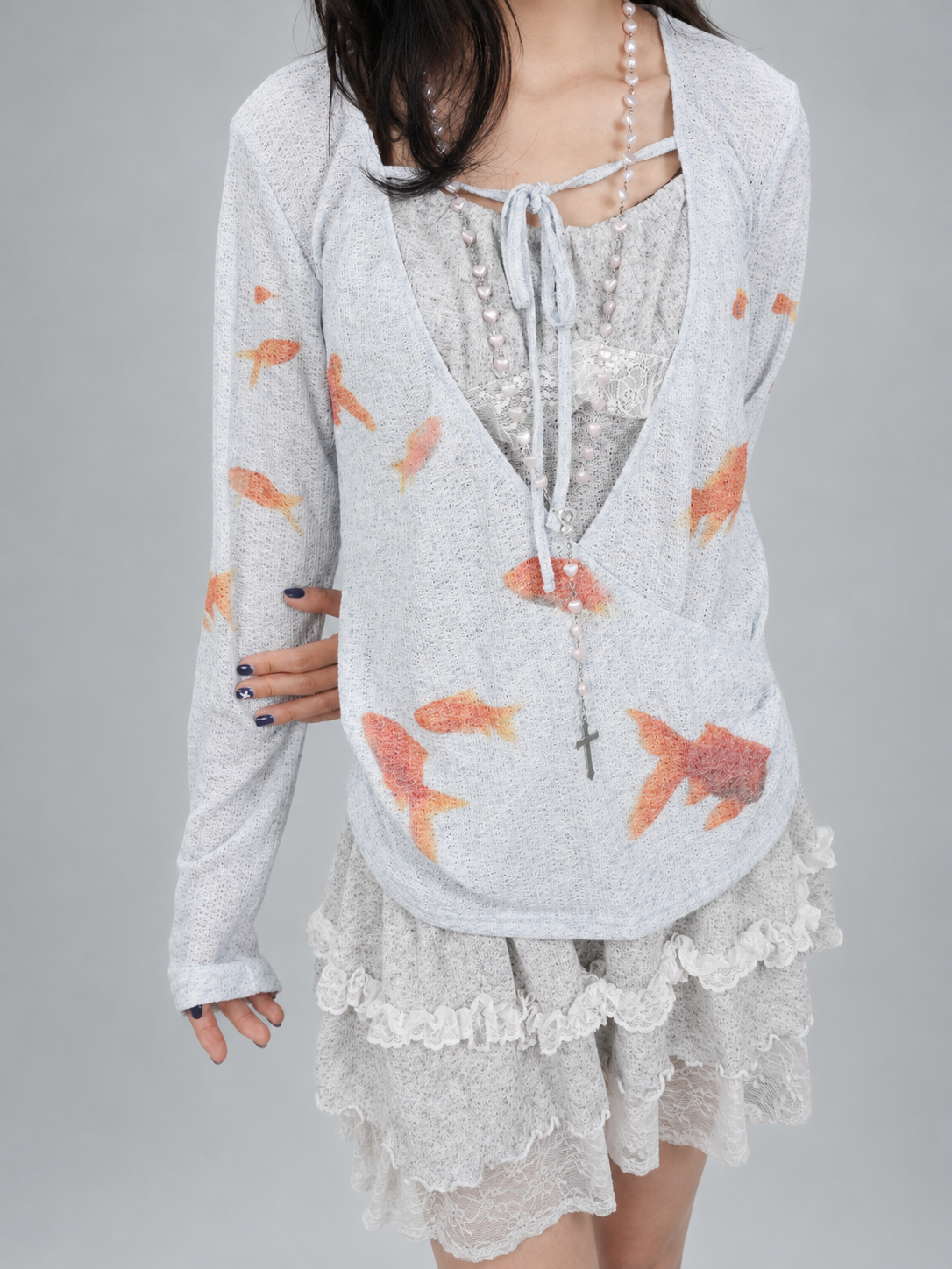 Light Blue Goldfish Print Linen-Texture Ruched Wrap Long Sleeve Top