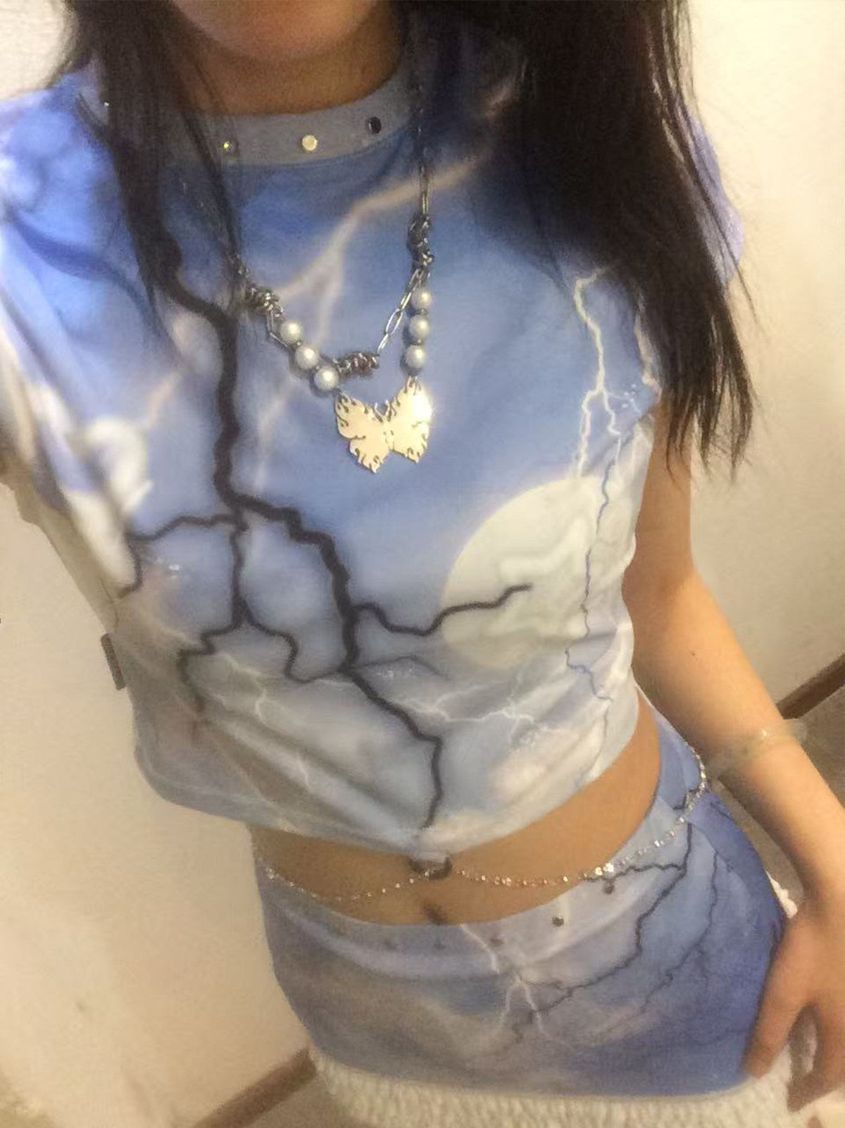 Lightning Dream Blue Abstract Print Studded Crop Top with Metal Waist Chain