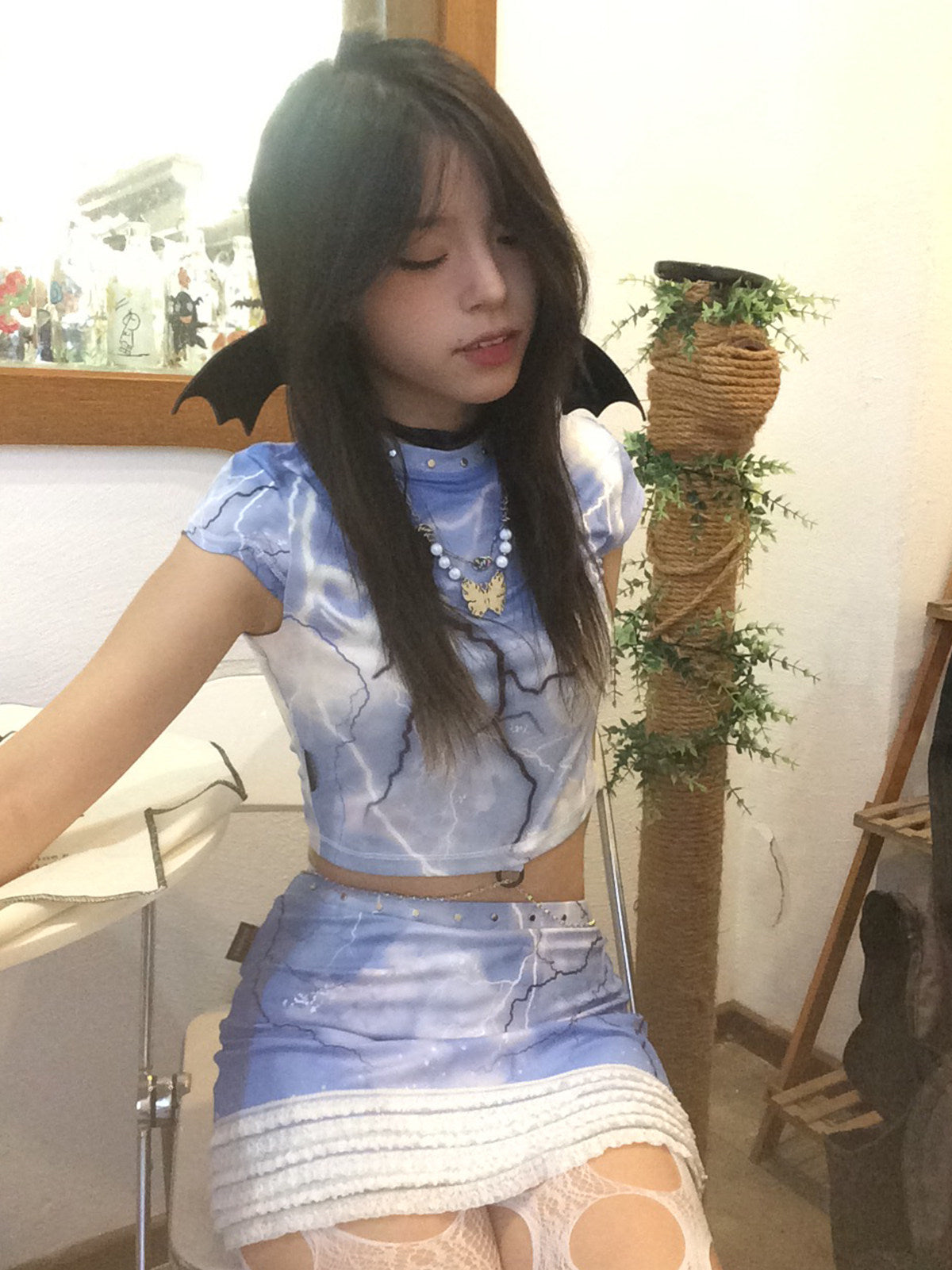 Lightning Dream Blue Abstract Print Studded Crop Top with Metal Waist Chain