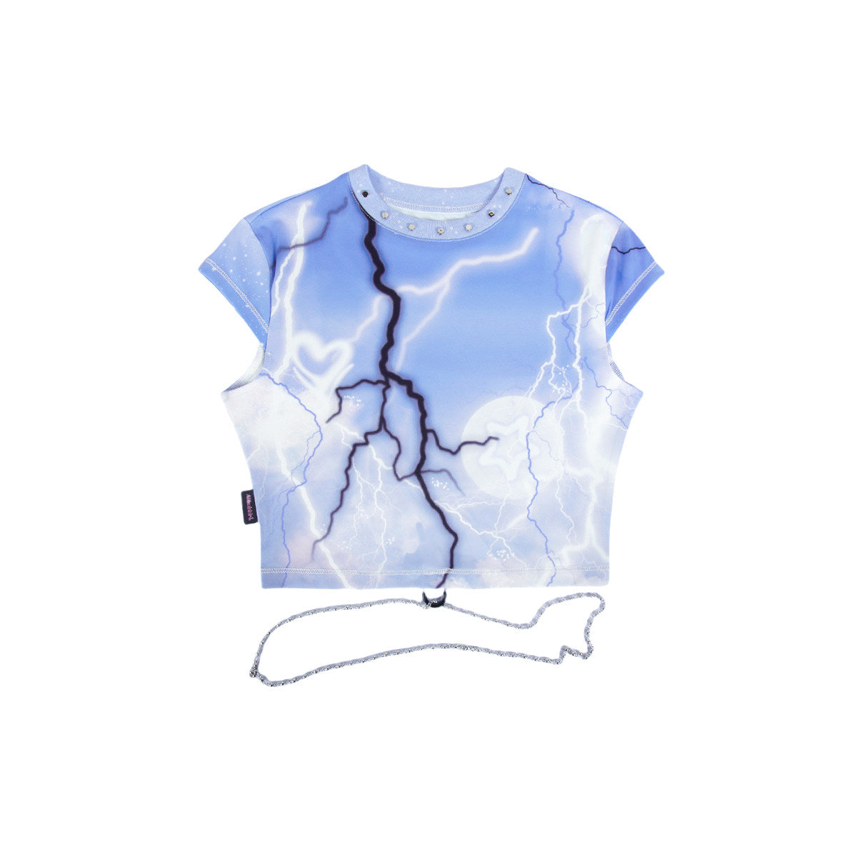 Lightning Dream Blue Abstract Print Studded Crop Top with Metal Waist Chain