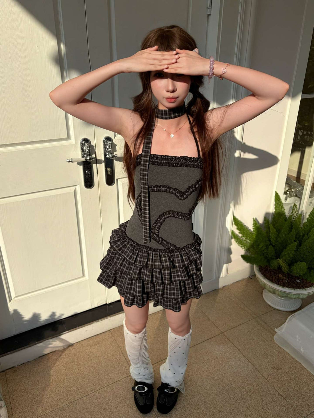 Lynenallure Black Grey Plaid Heart Ruffle Stretch Knit Tiered Mini Dress