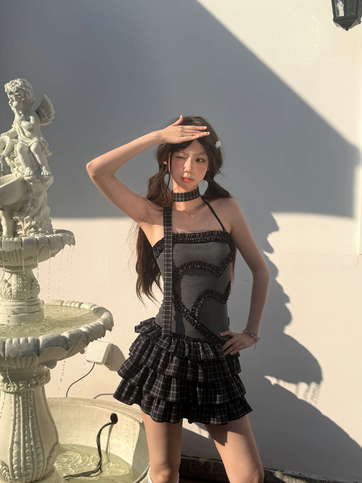 Lynenallure Black Grey Plaid Heart Ruffle Stretch Knit Tiered Mini Dress