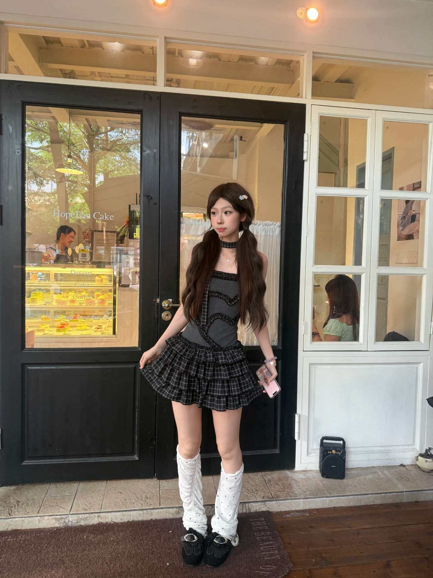 Lynenallure Black Grey Plaid Heart Ruffle Stretch Knit Tiered Mini Dress