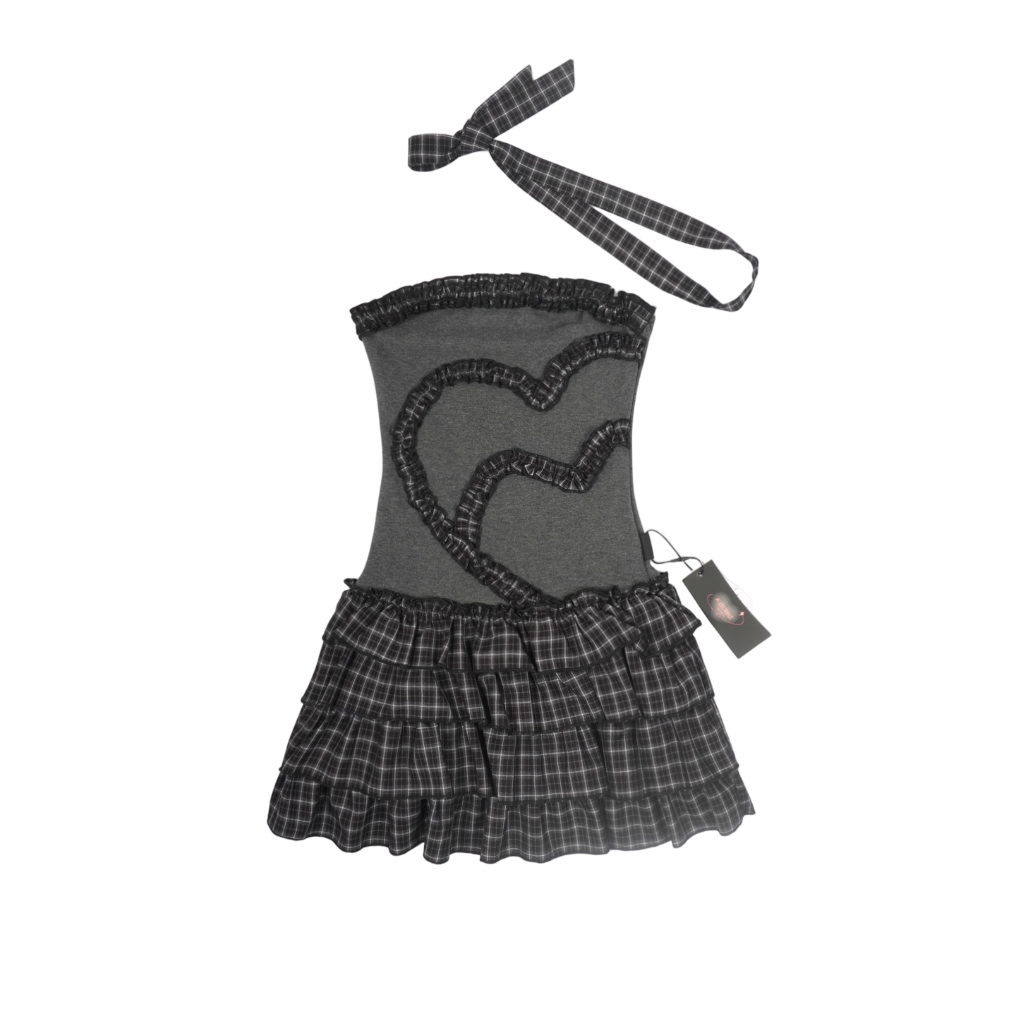 Lynenallure Black Grey Plaid Heart Ruffle Stretch Knit Tiered Mini Dress