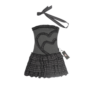 Lynenallure Black Grey Plaid Heart Ruffle Stretch Knit Tiered Mini Dress