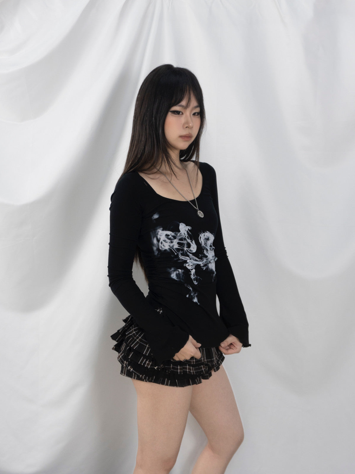 Lynenallure Black Smoke Butterfly Print Ruched Lyocell Flared-Sleeve Top