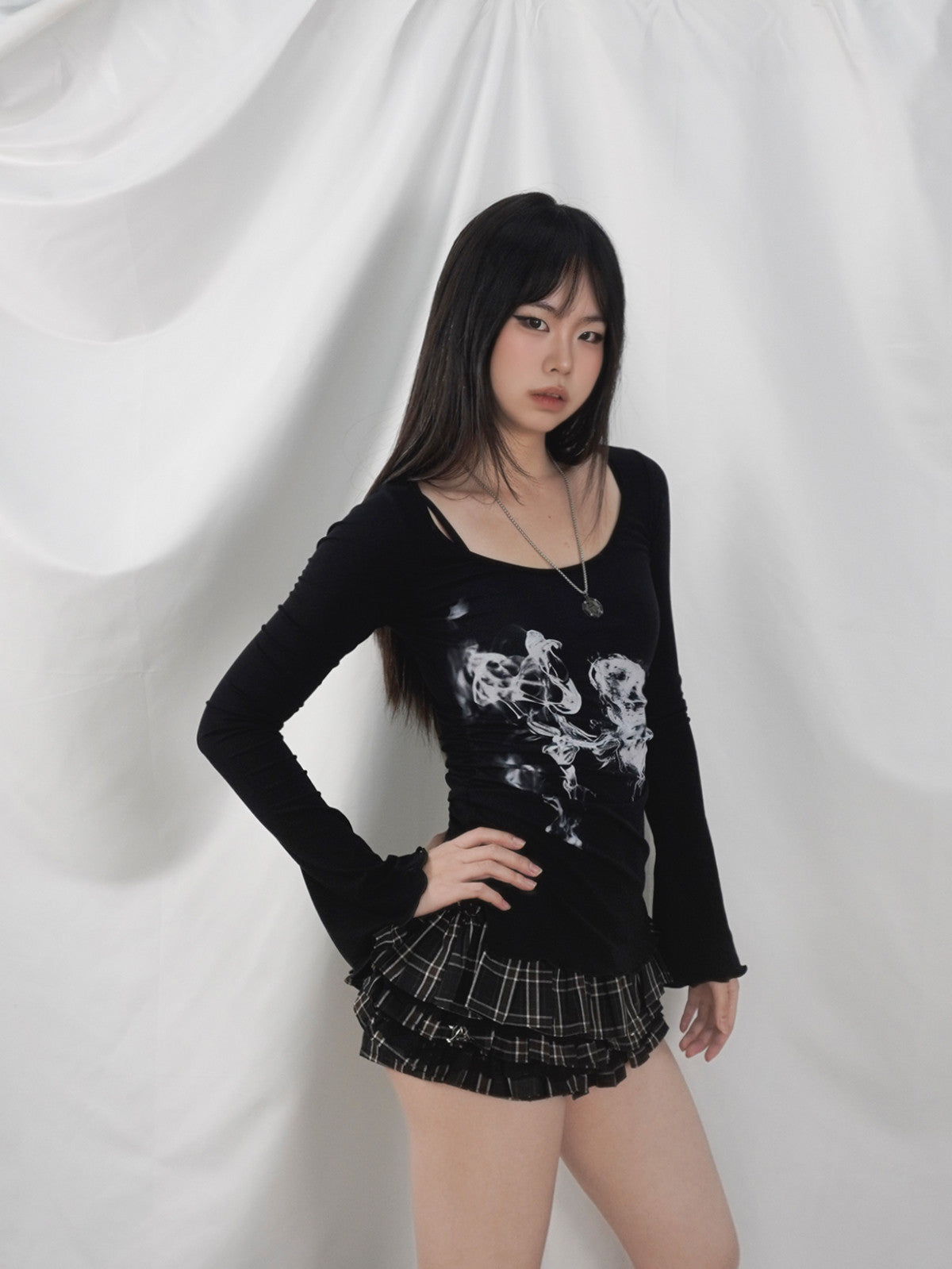 Lynenallure Black Smoke Butterfly Print Ruched Lyocell Flared-Sleeve Top
