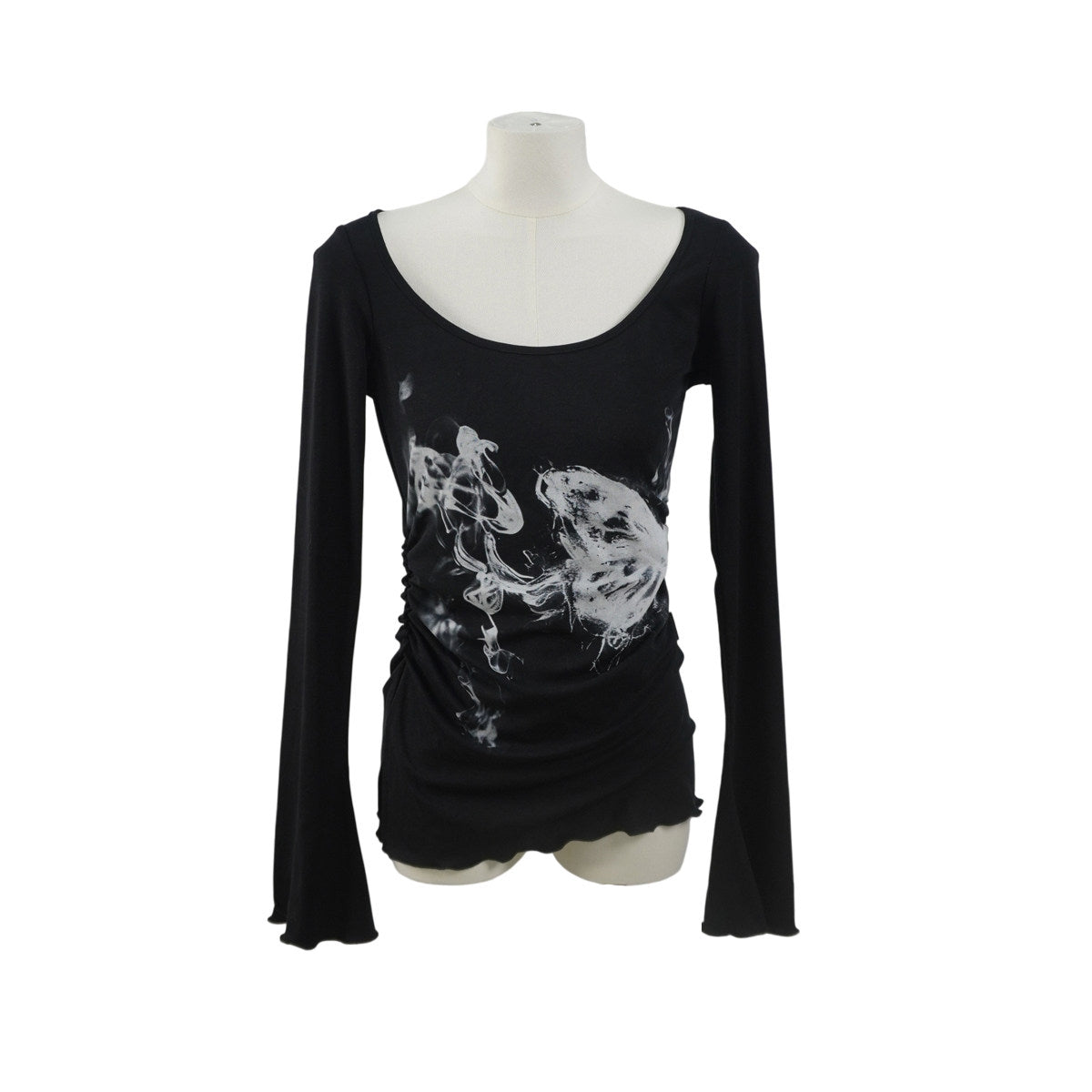 Lynenallure Black Smoke Butterfly Print Ruched Lyocell Flared-Sleeve Top