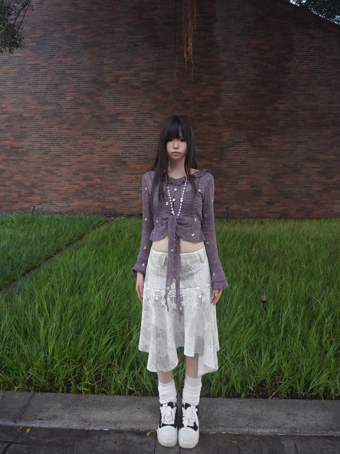 Lynenallure Dusty Purple Butterfly Floral Embroidered Sheer Ruffle Tie-Front Cropped Cardigan
