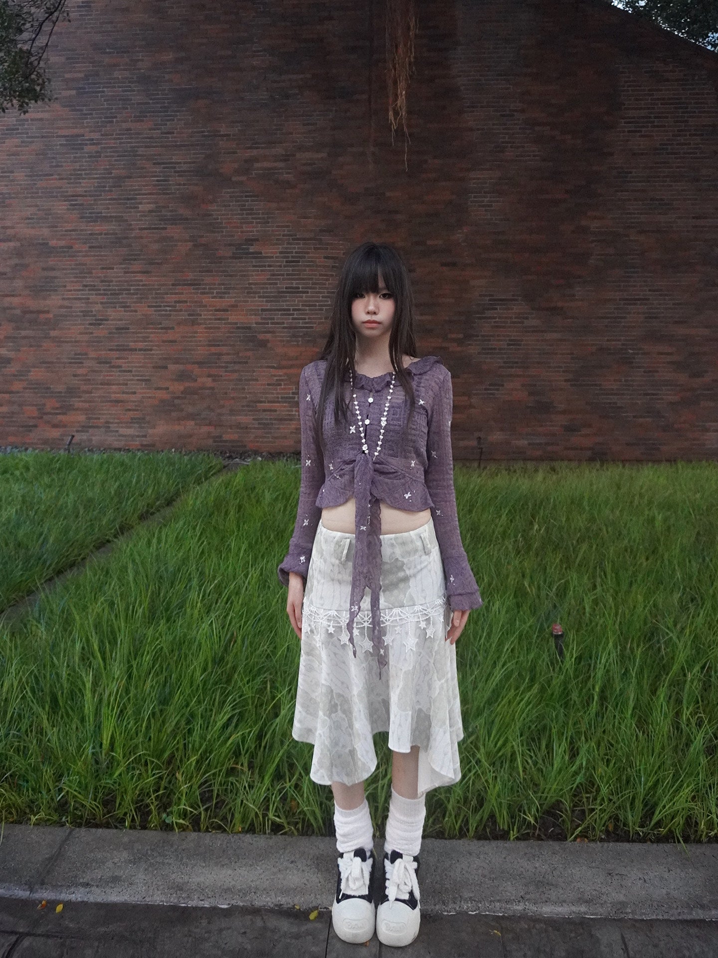 Lynenallure Dusty Purple Butterfly Floral Embroidered Sheer Ruffle Tie-Front Cropped Cardigan