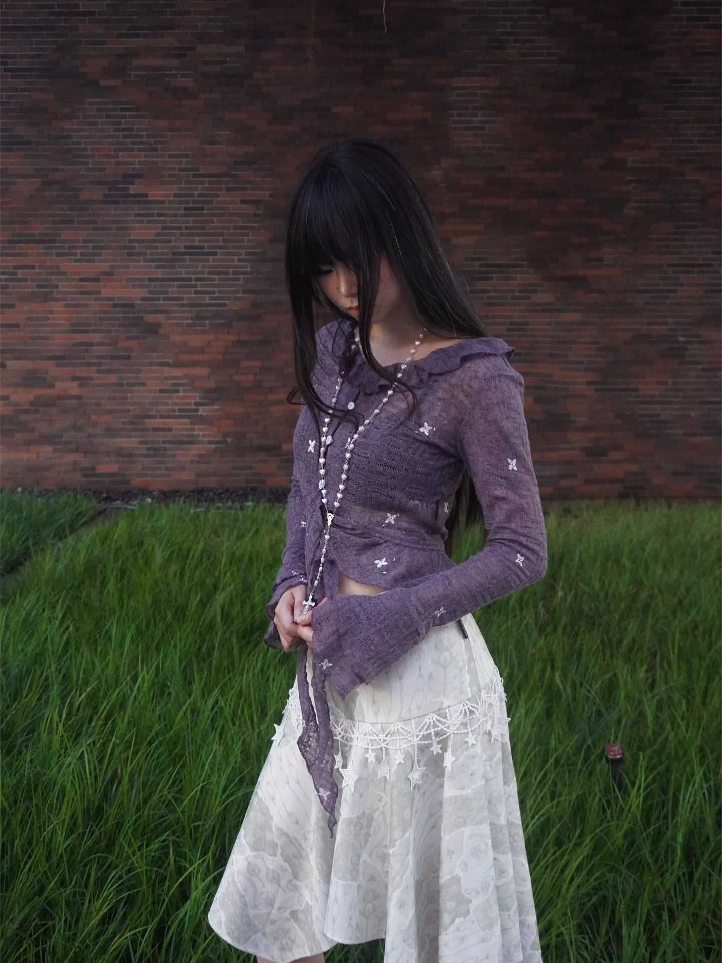Lynenallure Dusty Purple Butterfly Floral Embroidered Sheer Ruffle Tie-Front Cropped Cardigan