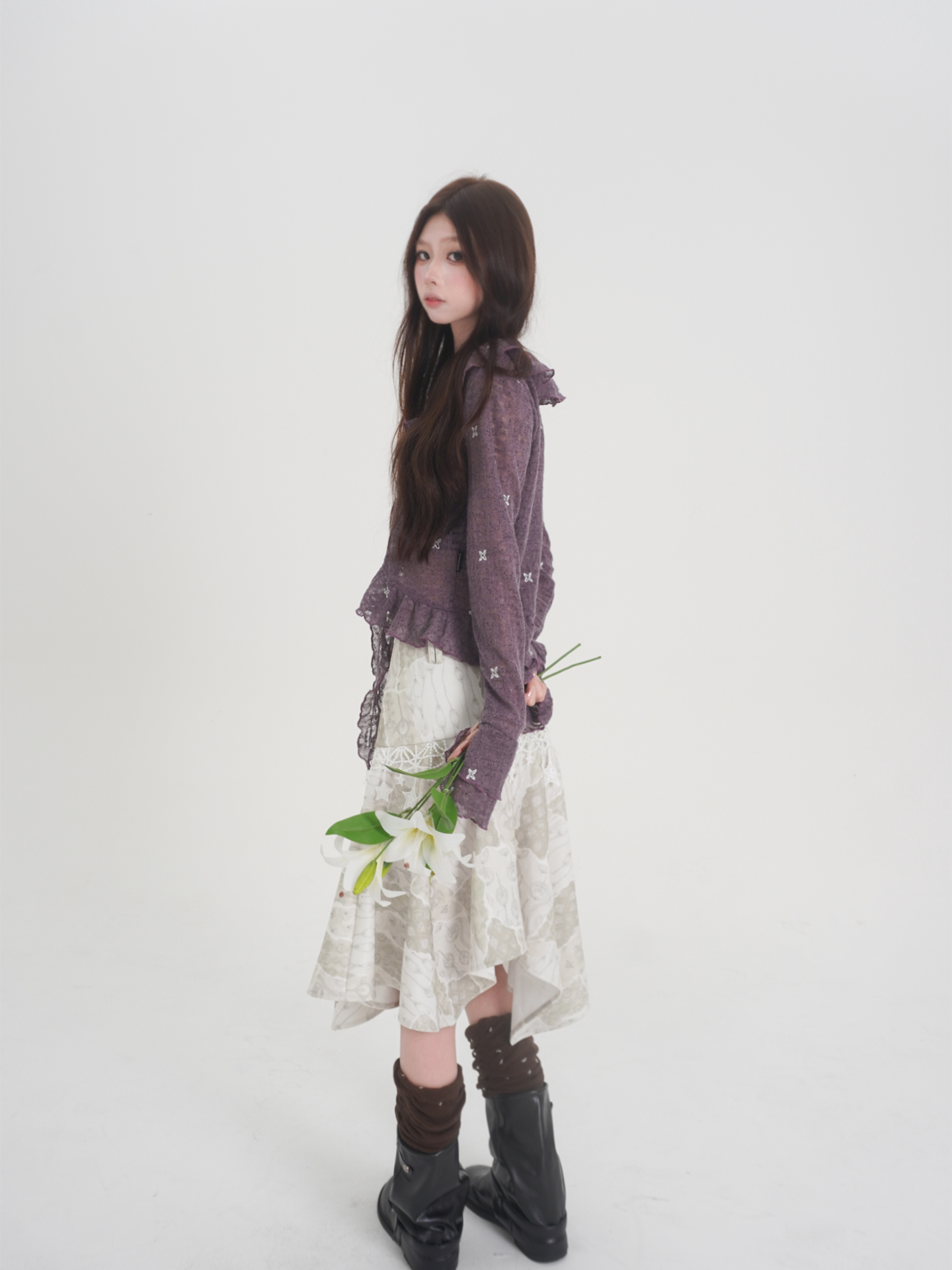Lynenallure Dusty Purple Butterfly Floral Embroidered Sheer Ruffle Tie-Front Cropped Cardigan