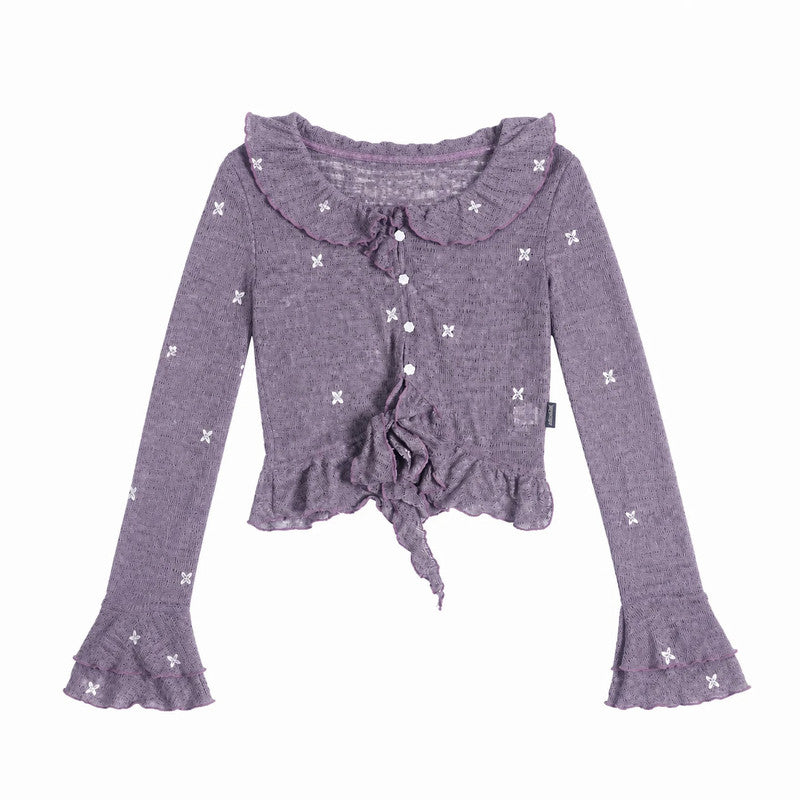 Lynenallure Dusty Purple Butterfly Floral Embroidered Sheer Ruffle Tie-Front Cropped Cardigan