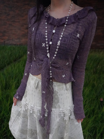 Lynenallure Dusty Purple Butterfly Floral Embroidered Sheer Ruffle Tie-Front Cropped Cardigan