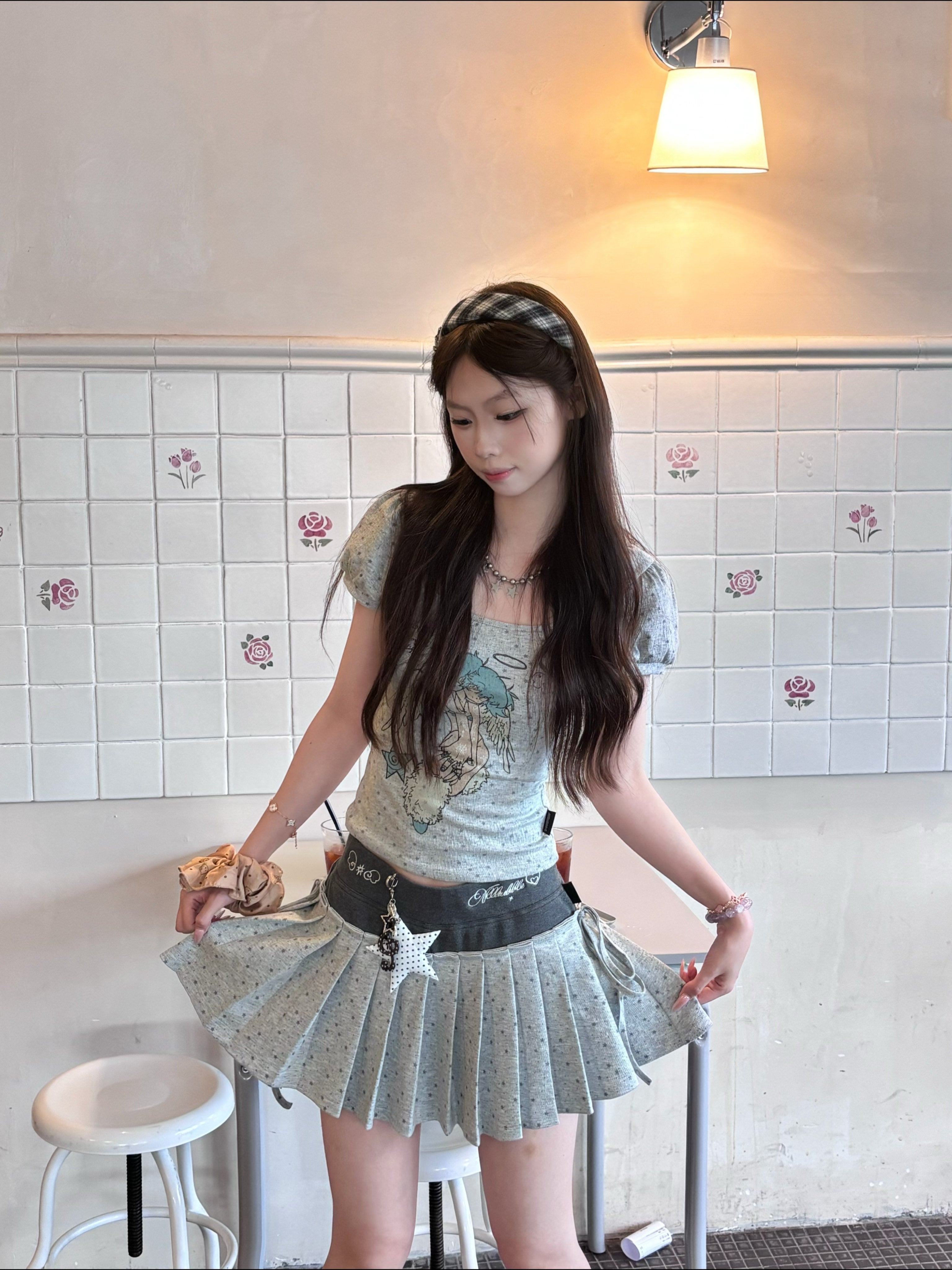 Lynenallure Heather Grey Cotton Star Print Contrast Pleated Mini Skort Y2K Style