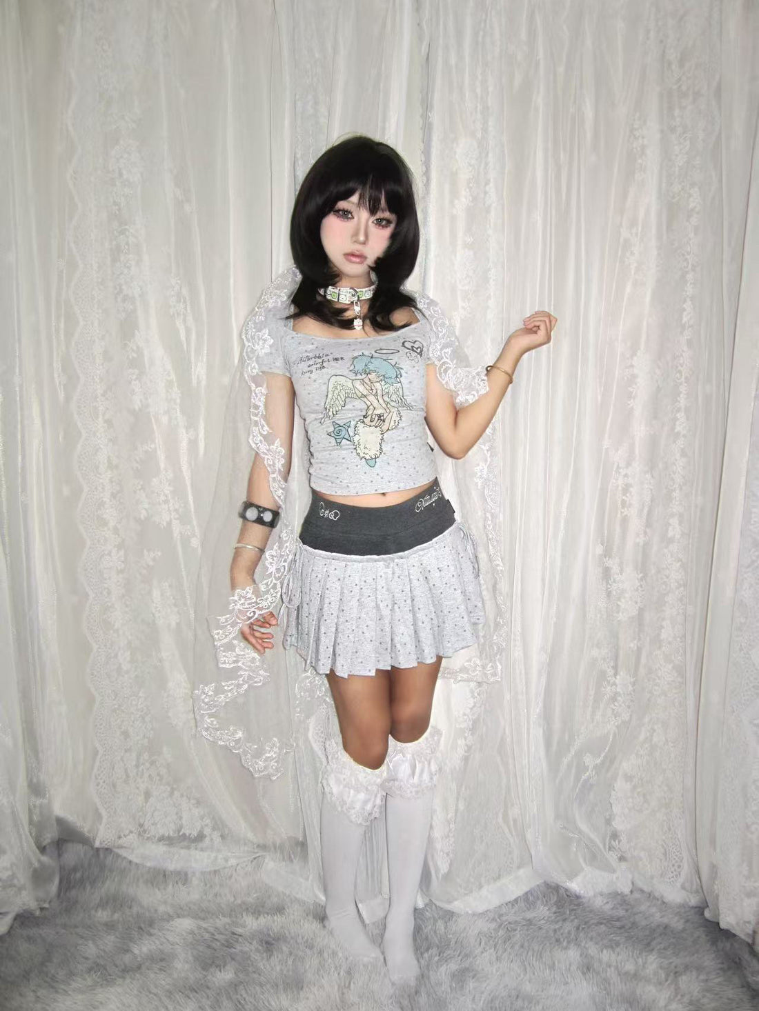 Lynenallure Heather Grey Cotton Star Print Contrast Pleated Mini Skort Y2K Style