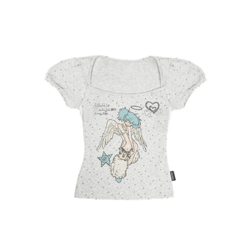 Lynenallure Heather Grey Star Angel Print U-Neck Fitted Baby Tee