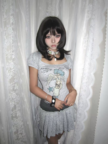 Lynenallure Heather Grey Star Angel Print U-Neck Fitted Baby Tee