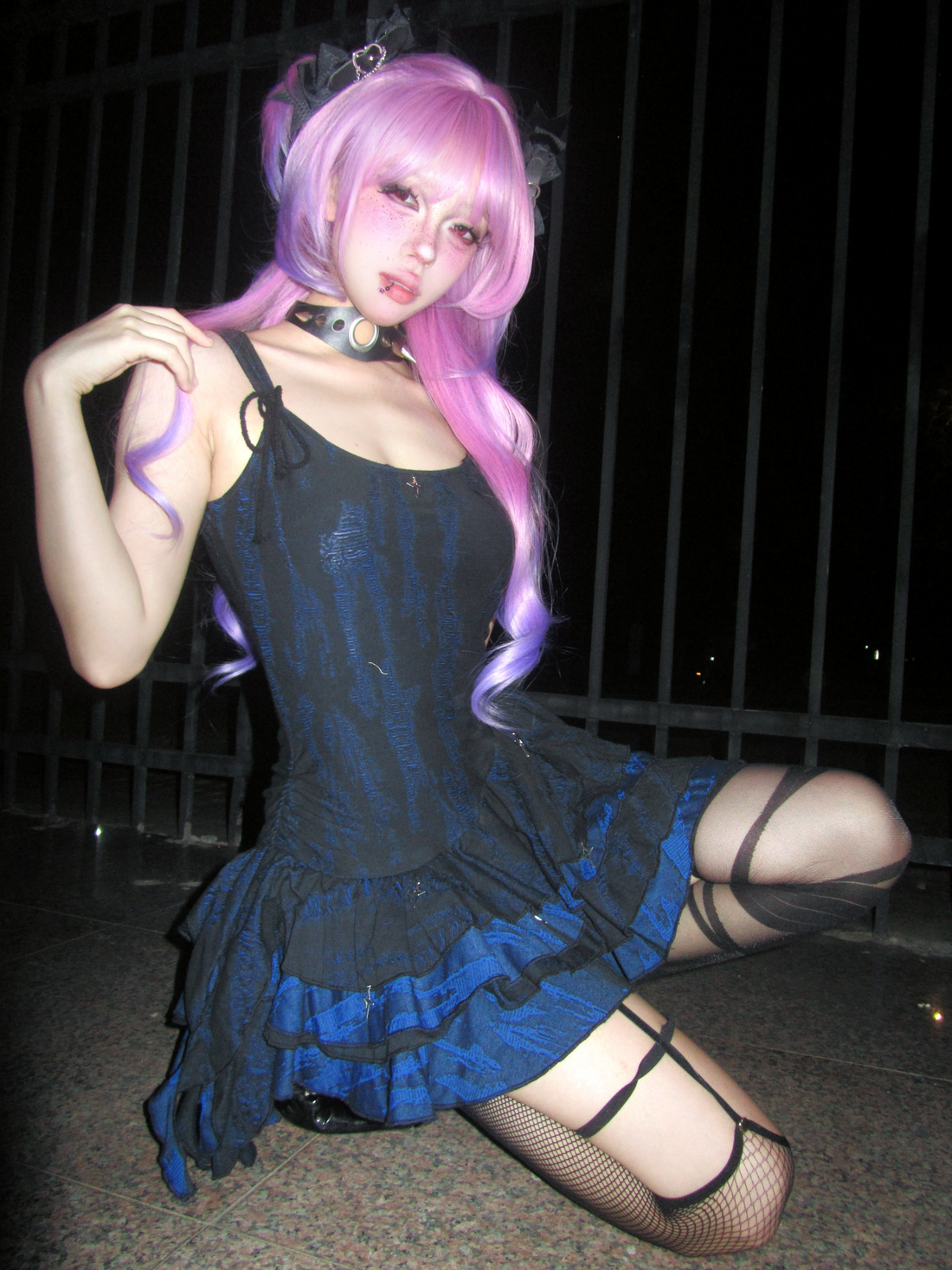 Midnight Blue Black Star Charm Asymmetric Ruffle Mini Dress
