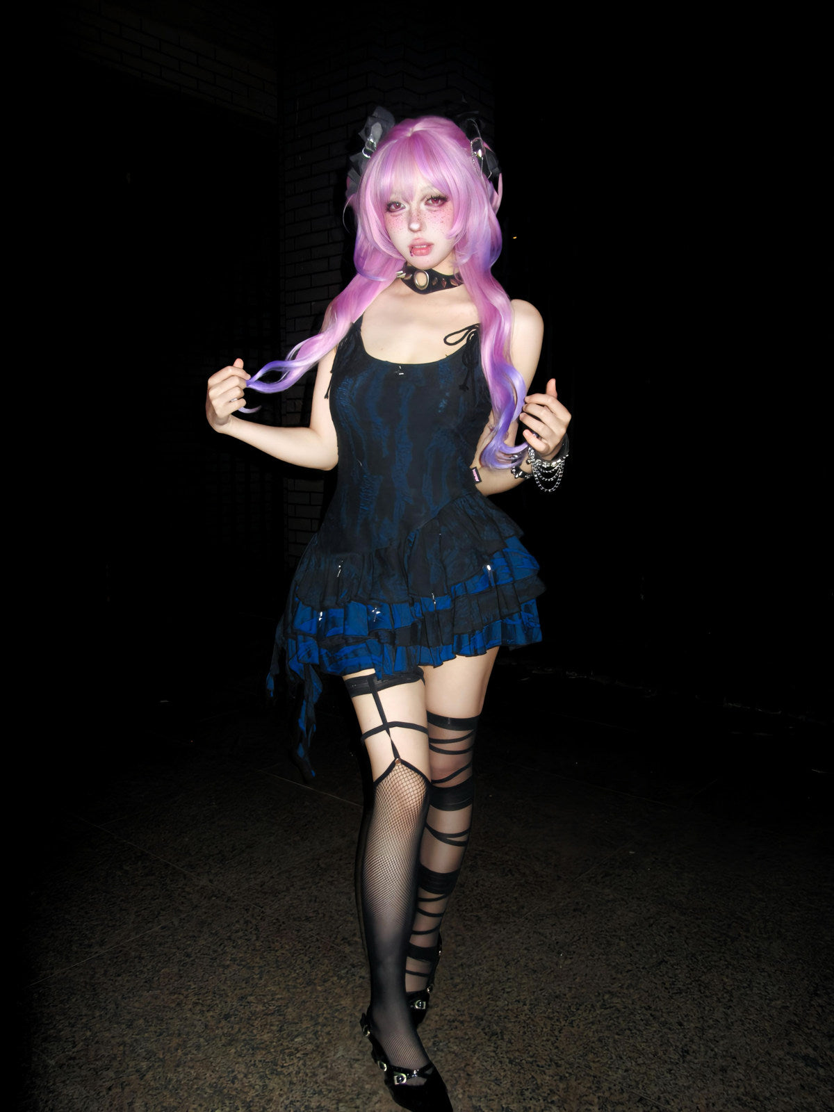 Midnight Blue Black Star Charm Asymmetric Ruffle Mini Dress