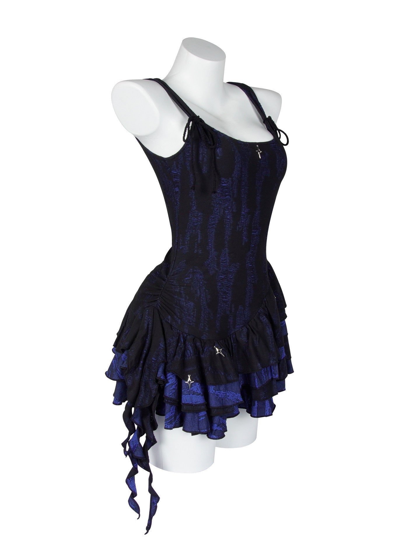 Midnight Blue Black Star Charm Asymmetric Ruffle Mini Dress