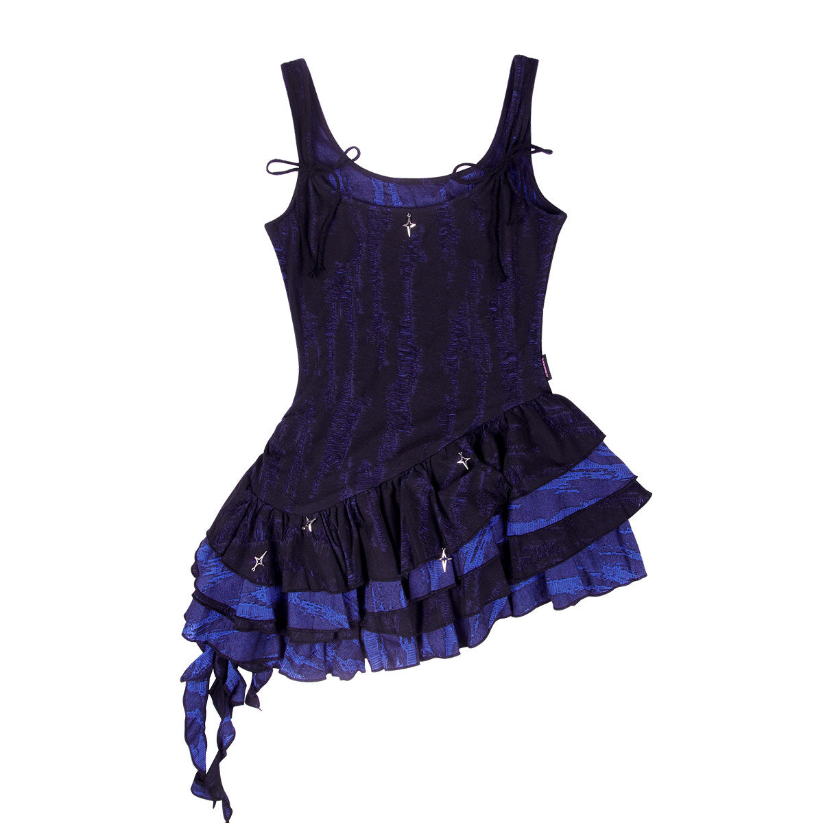 Midnight Blue Black Star Charm Asymmetric Ruffle Mini Dress