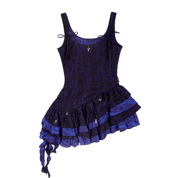 Midnight Blue Black Star Charm Asymmetric Ruffle Mini Dress