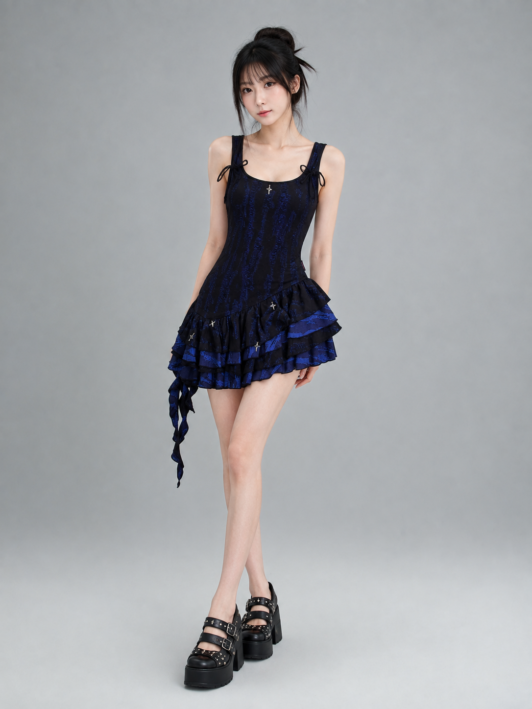 Midnight Blue Black Star Charm Asymmetric Ruffle Mini Dress