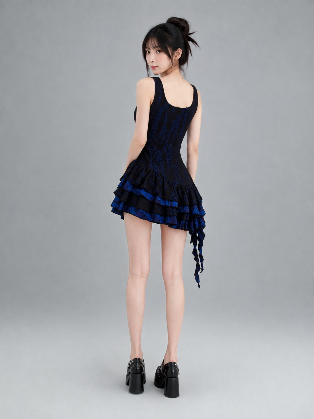 Midnight Blue Black Star Charm Asymmetric Ruffle Mini Dress