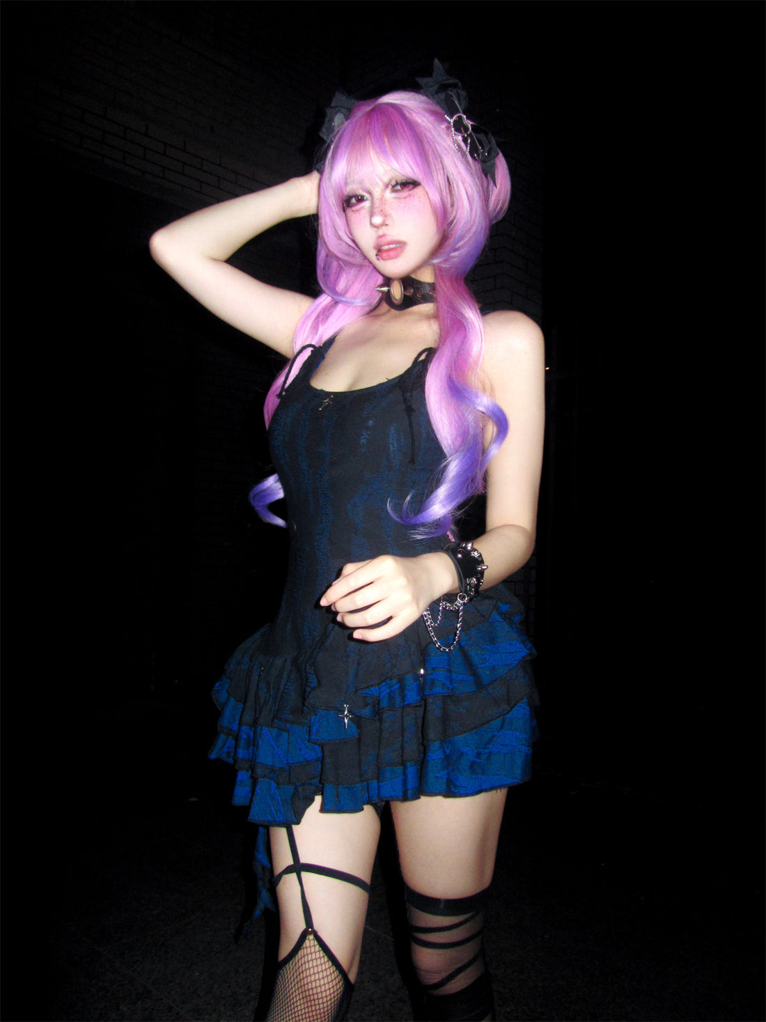 Midnight Blue Black Star Charm Asymmetric Ruffle Mini Dress