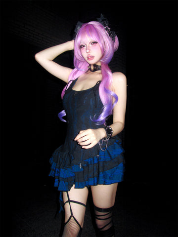 Midnight Blue Black Star Charm Asymmetric Ruffle Mini Dress