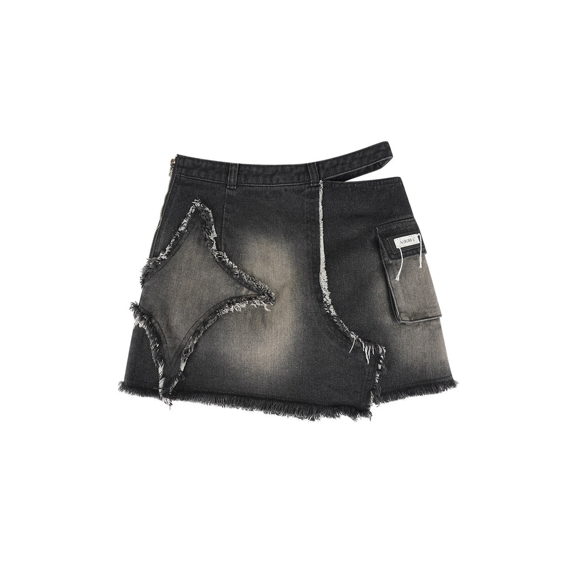 Midnight Star Distressed Black Denim Cutout Asymmetric Mini Skirt