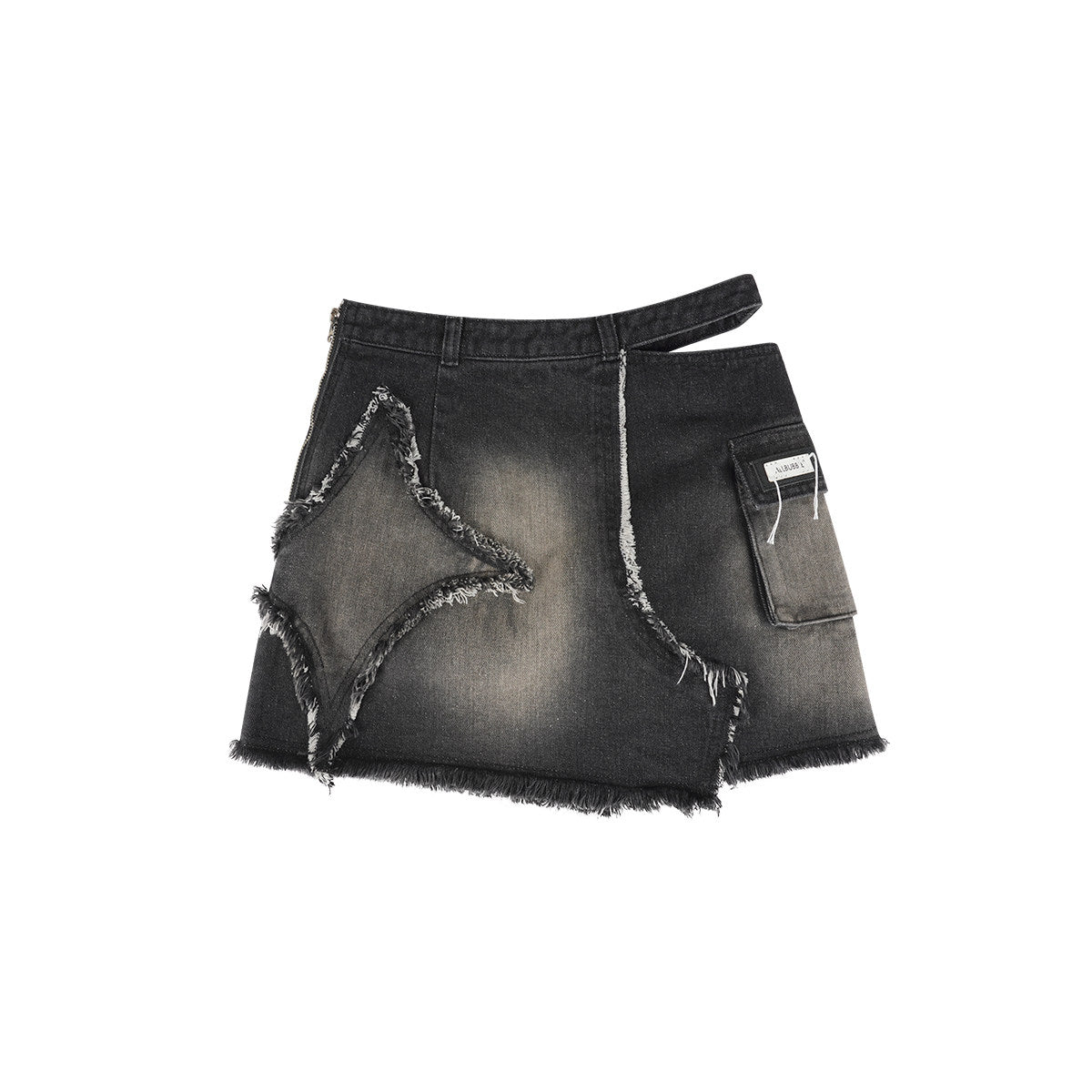 Midnight Star Distressed Black Denim Cutout Asymmetric Mini Skirt